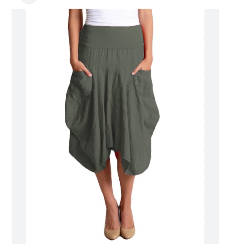 Inizio Magic 2 Pocket Linen Skirt Olive Green Italian Lagenlook Bubble Hem S
